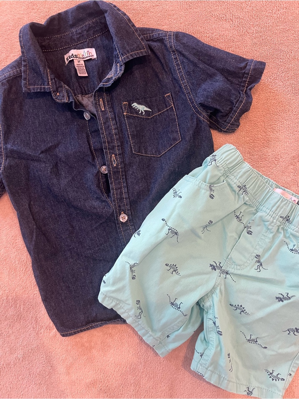 Kids Headquarters Dark Denim Shirt with Mint Green Dino Shorts
